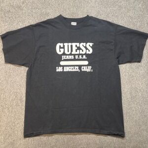 Vintage 1994 Guess Jeans USA Los Angeles T-Shirt Black Puff Print Mens XL 11350